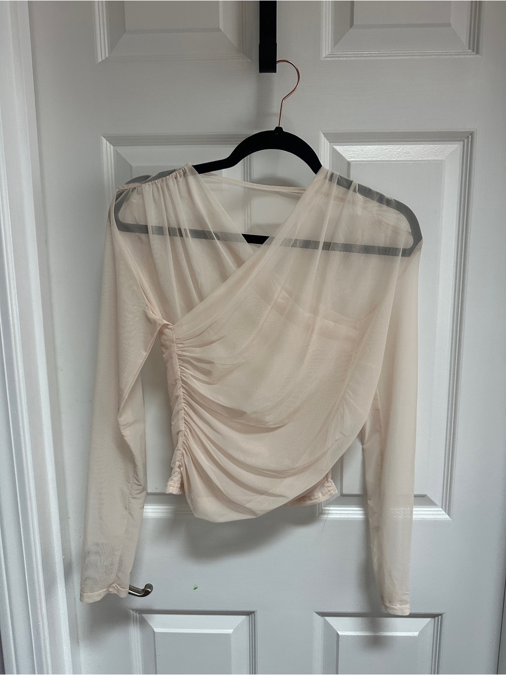 Sheer Ruched Wrap Long-Sleeve Top - Cream